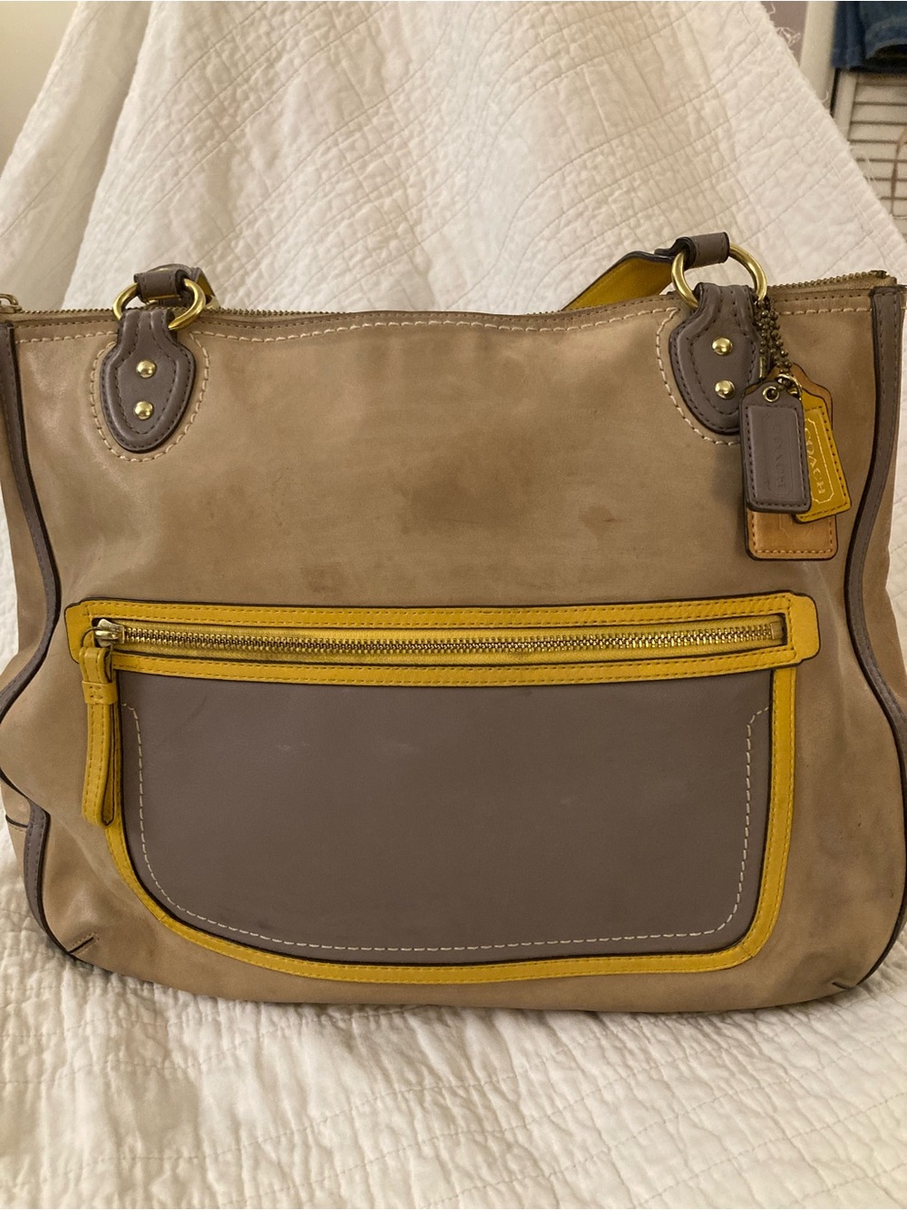 Coach Taupe Shoulder Bag with Yellow Trim